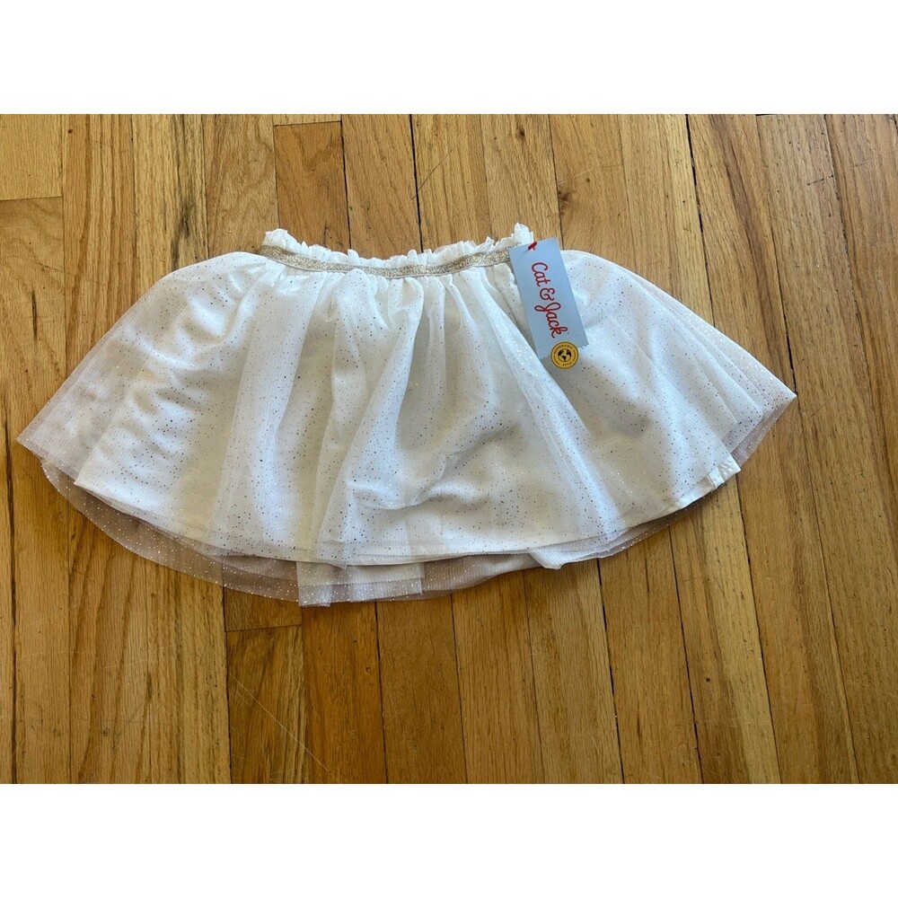 NWT Girls Cat &Jack Size 4T White And Silver Sparkles Tutu Skirt Polka Dot Tulle